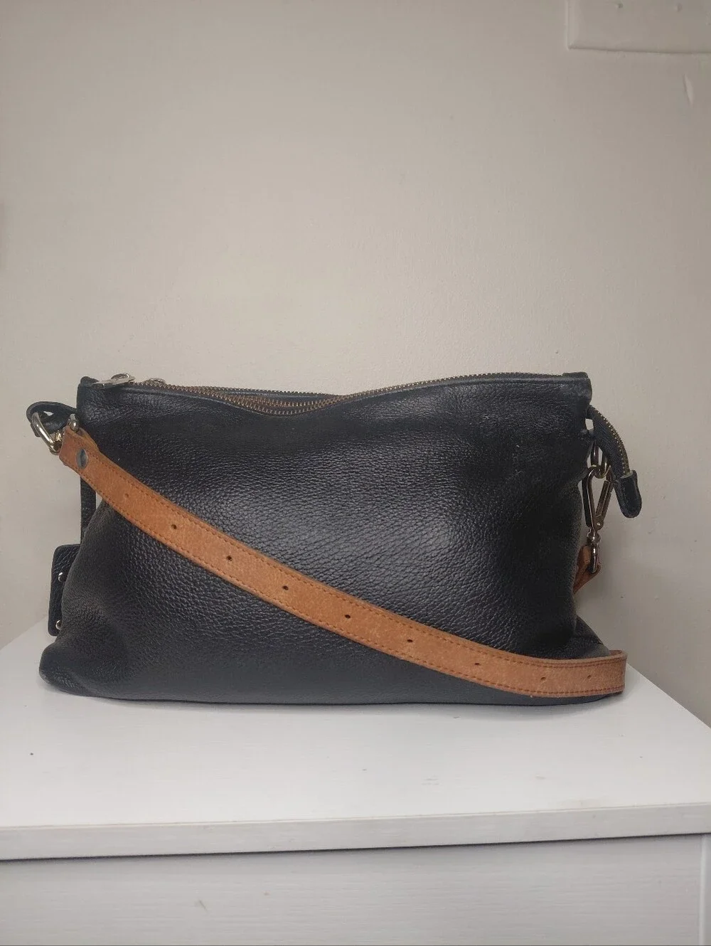Valentina Black Leather Crossbody with Tan Strap and Gold Hardware
